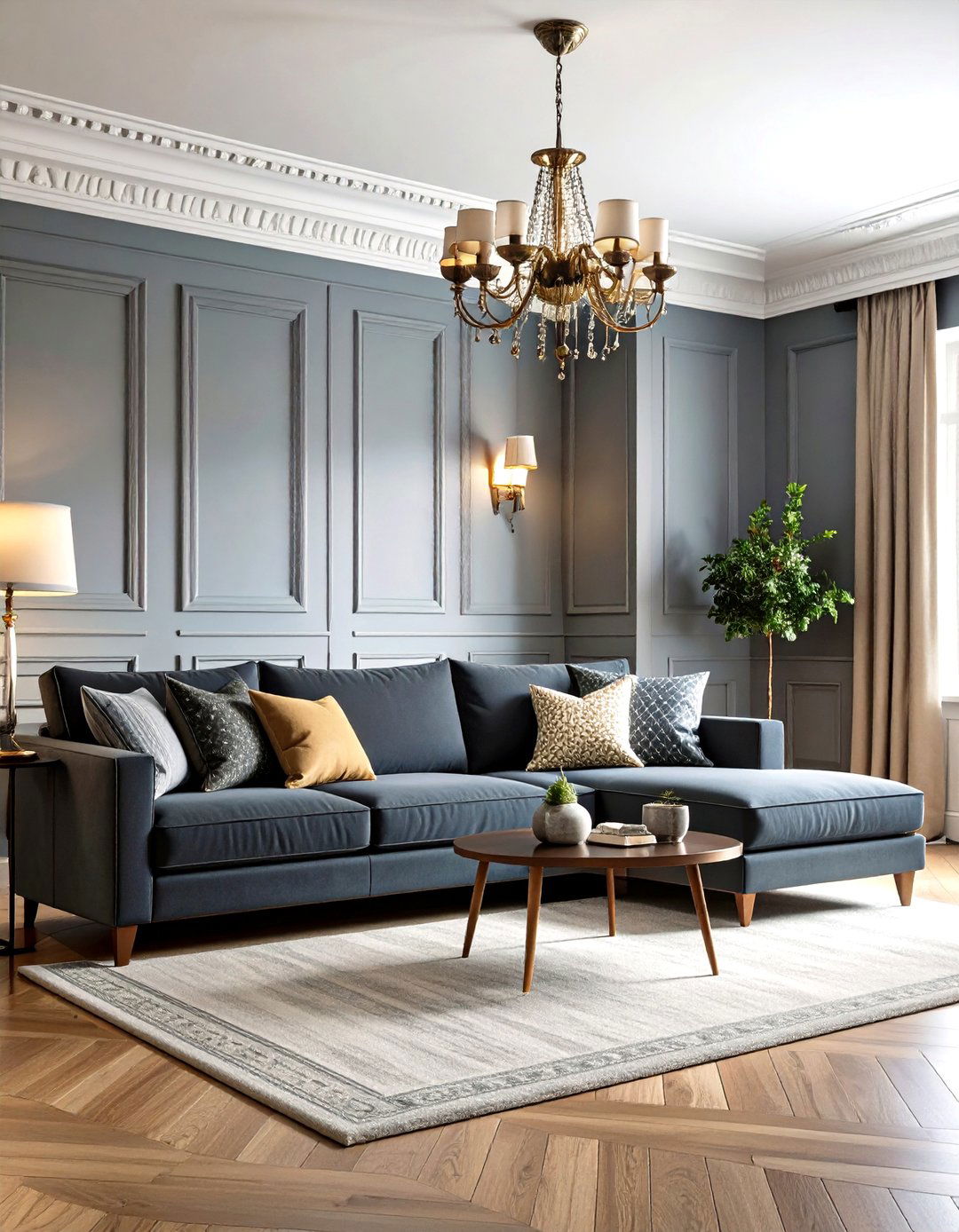 Dark Grey Couch Traditional Wainscoting Elegance - 20 dark grey couch living room ideas