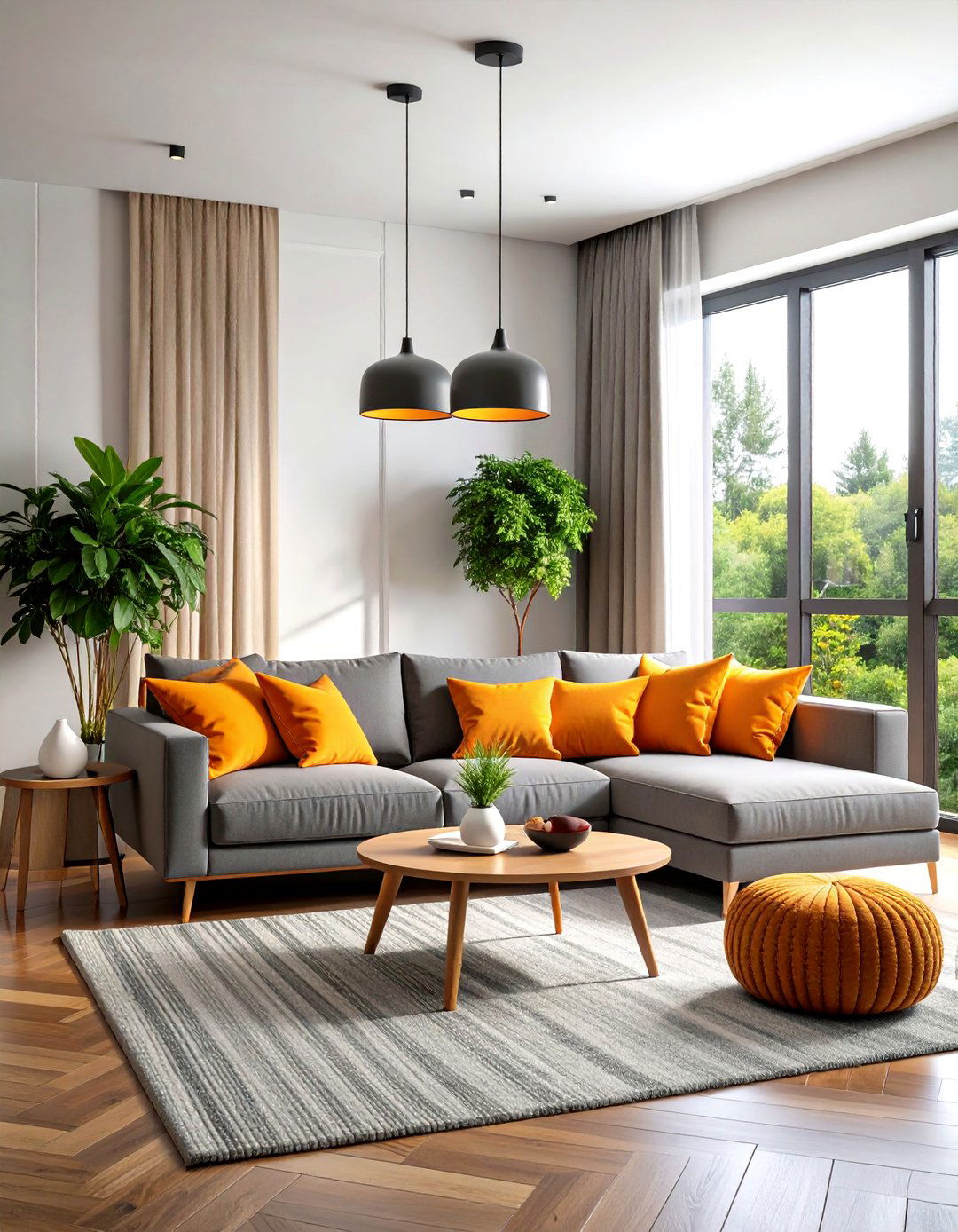 Dark Grey Couch with Bold Orange Contrasts - 20 dark grey couch living room ideas