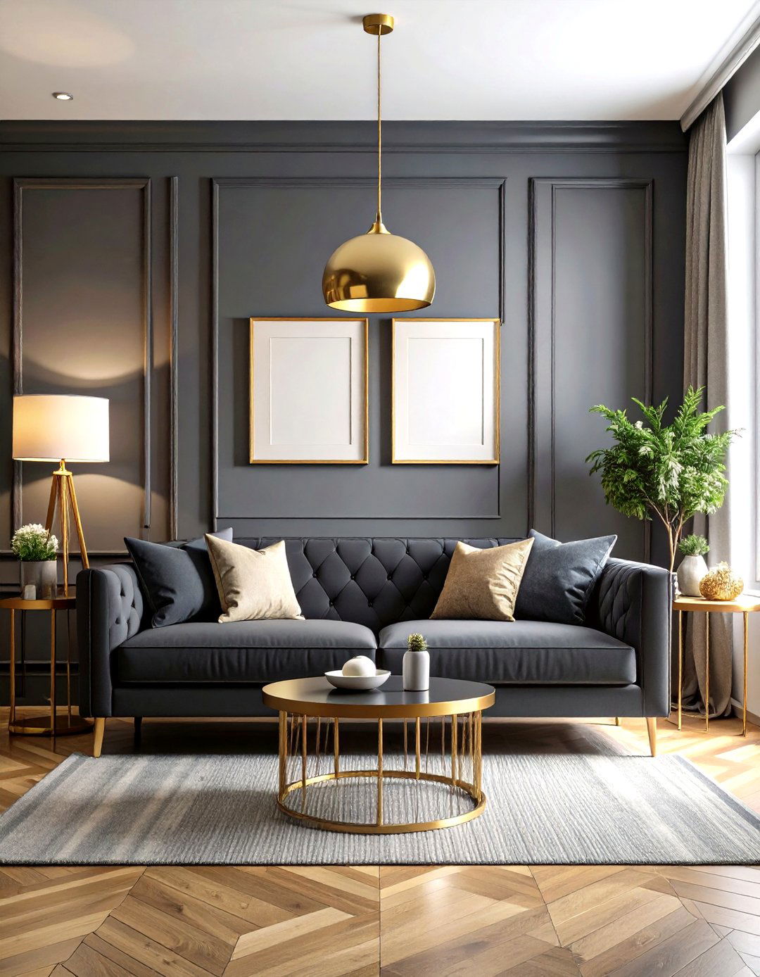 Dark Grey Couch with Metallic Gold Sophistication - 20 dark grey couch living room ideas
