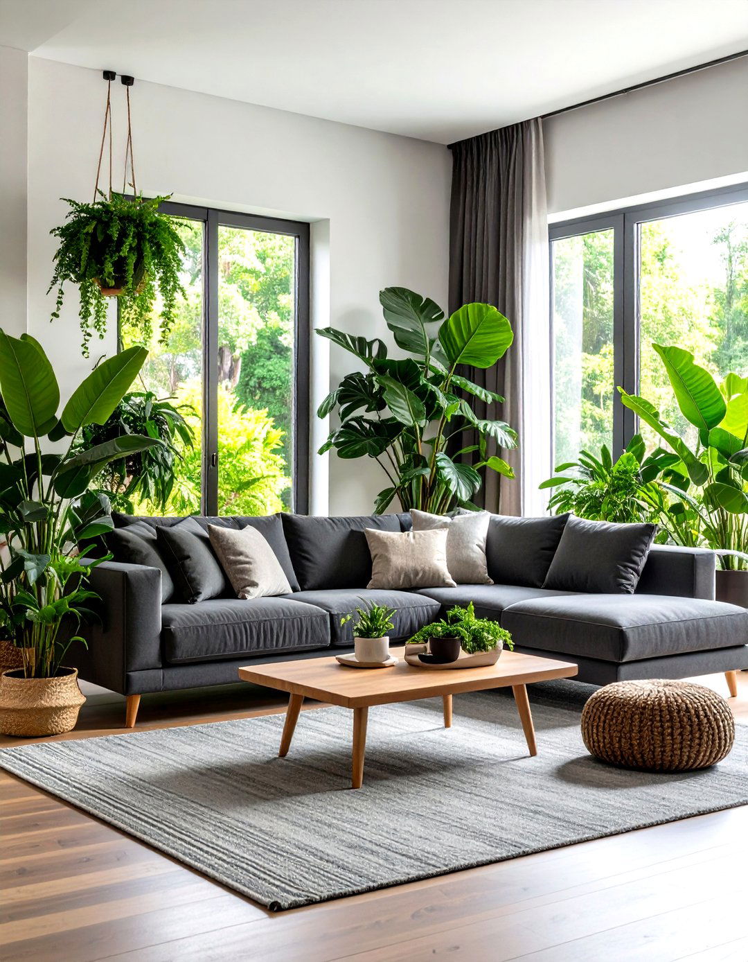 Dark Grey Couch with Natural Plant Integration - 20 dark grey couch living room ideas