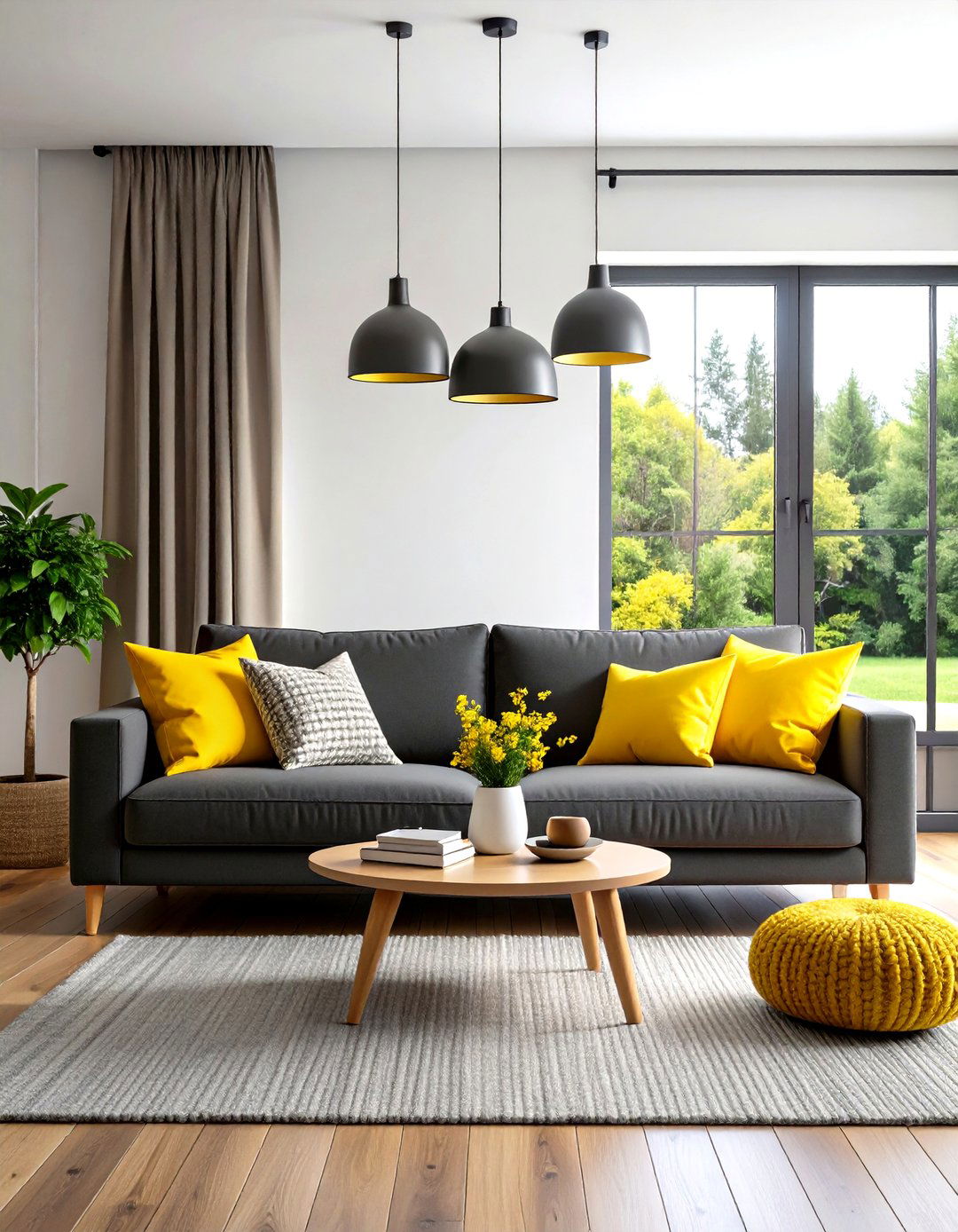 Dark Grey Couch with Vibrant Yellow Accents - 20 dark grey couch living room ideas