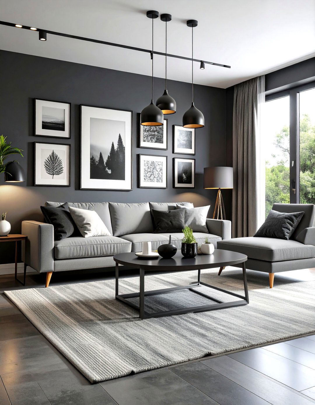 Dark Grey Living Room With Black and White Art Gallery Wall - 20 Contrasting Living Rooms With Dark Grey Walls