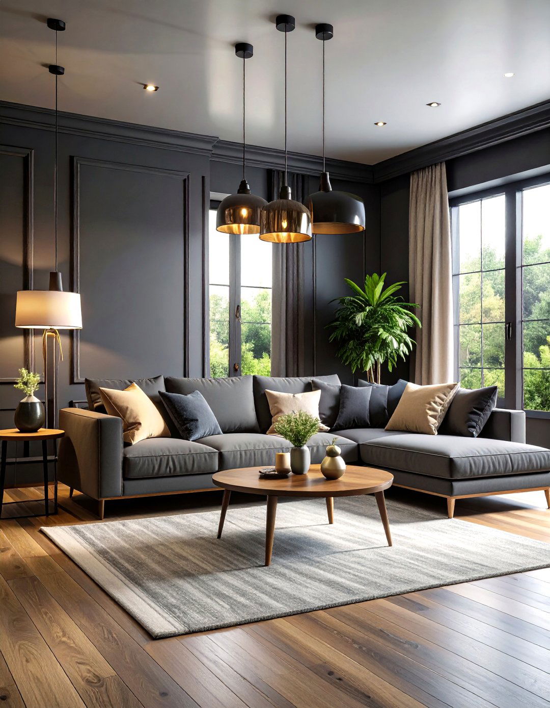 Dark Grey Living Room With Dramatic Ceiling and Lighting Features - 20 Contrasting Living Rooms With Dark Grey Walls