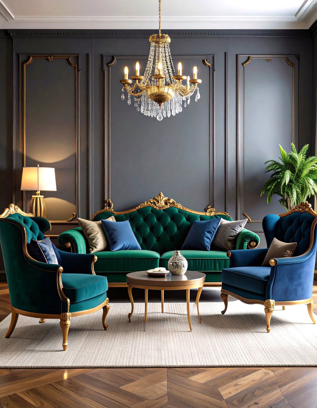 Dark Grey Living Room With Jewel Tone Velvet Upholstery - 20 Contrasting Living Rooms With Dark Grey Walls
