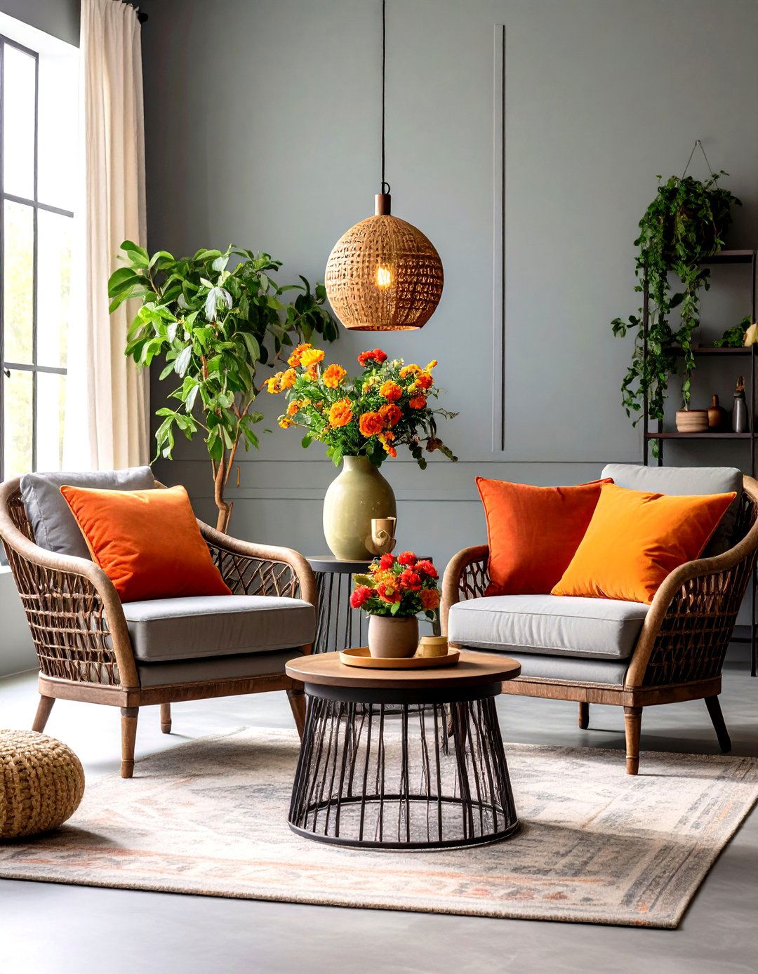 Dark Grey Living Room With Mediterranean Terracotta and Olive Tones - 20 Contrasting Living Rooms With Dark Grey Walls