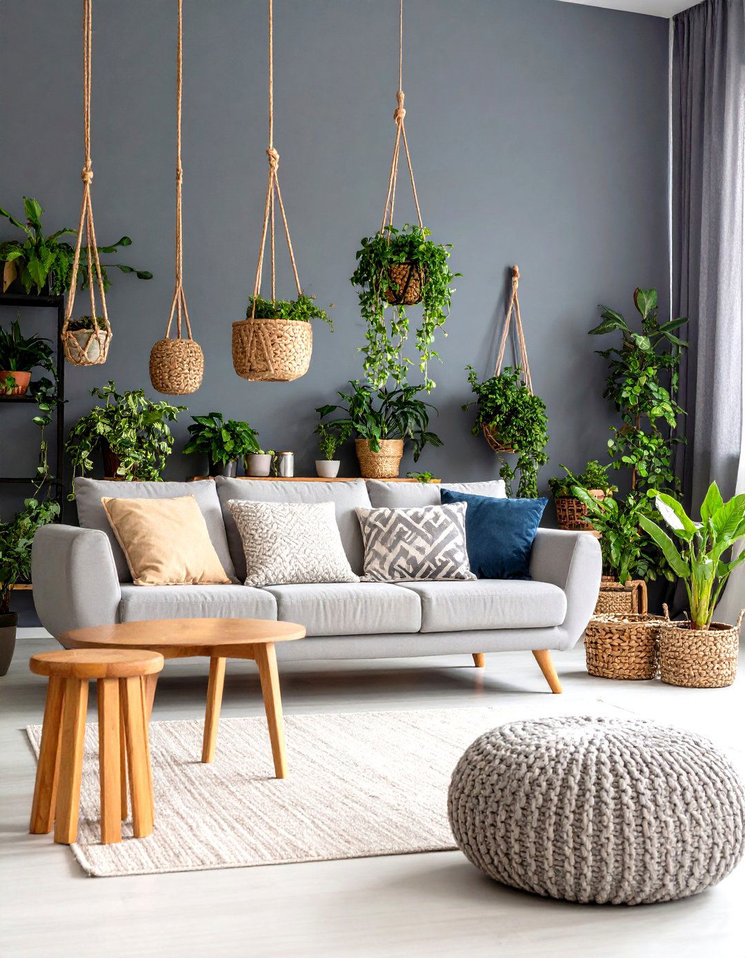 Dark Grey Living Room With Natural Plant and Greenery Accents - 20 Contrasting Living Rooms With Dark Grey Walls