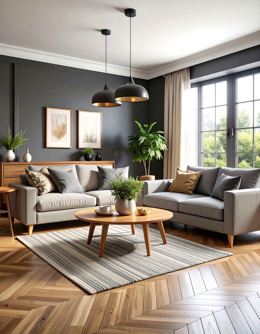 Dark Grey Living Room With Rich Wood Tone Features - 20 Contrasting Living Rooms With Dark Grey Walls