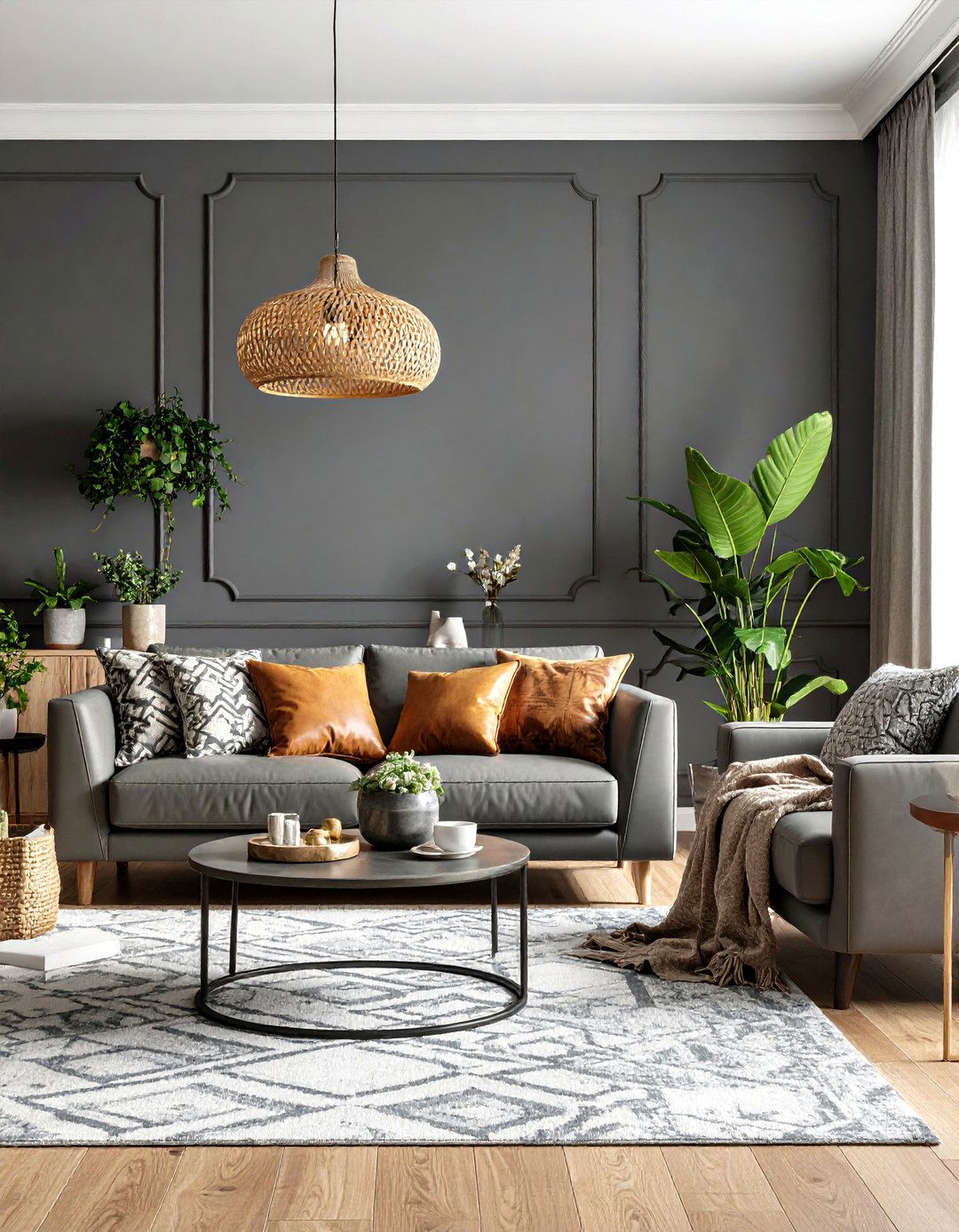 Dark Grey Living Room With Textured Fabric and Pattern Mixing - 20 Contrasting Living Rooms With Dark Grey Walls