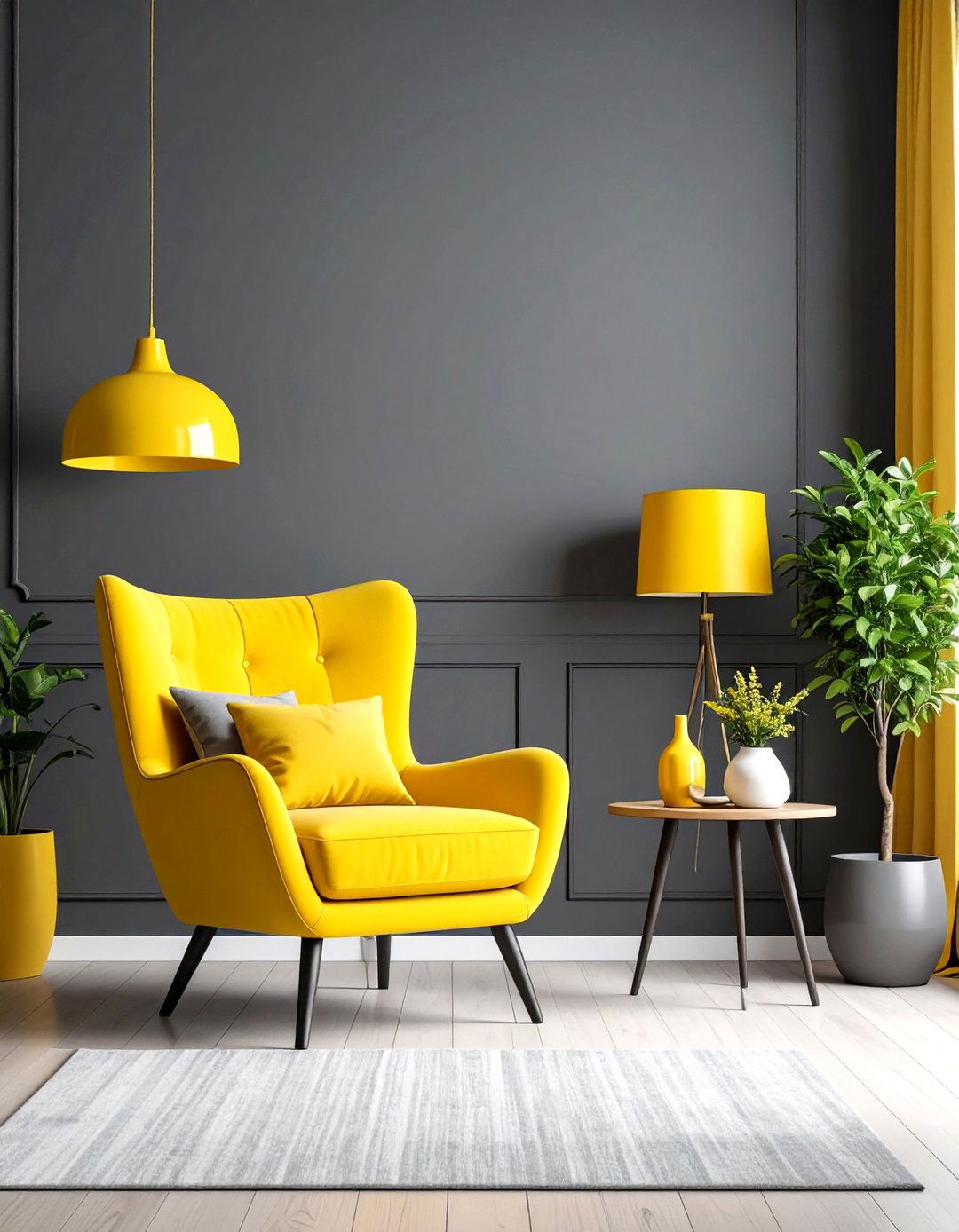 Dark Grey Living Room With Vibrant Yellow Statement Pieces - 20 Contrasting Living Rooms With Dark Grey Walls
