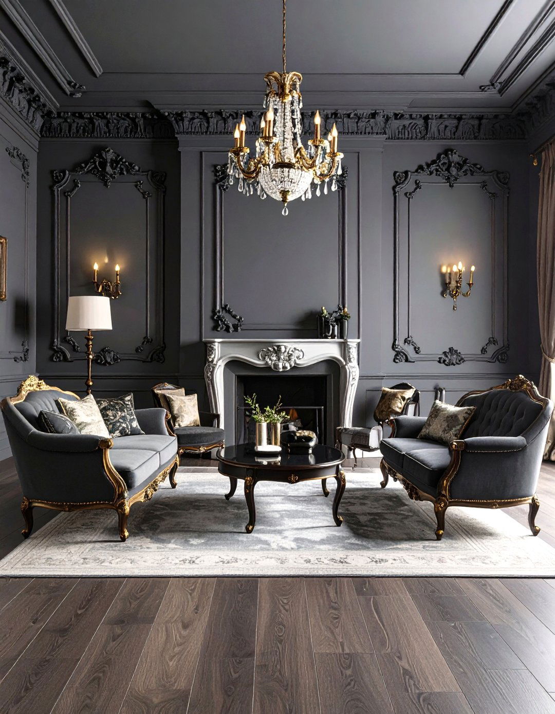 Dark Grey Living Room With Victorian Traditional Architectural Elements - 20 Contrasting Living Rooms With Dark Grey Walls