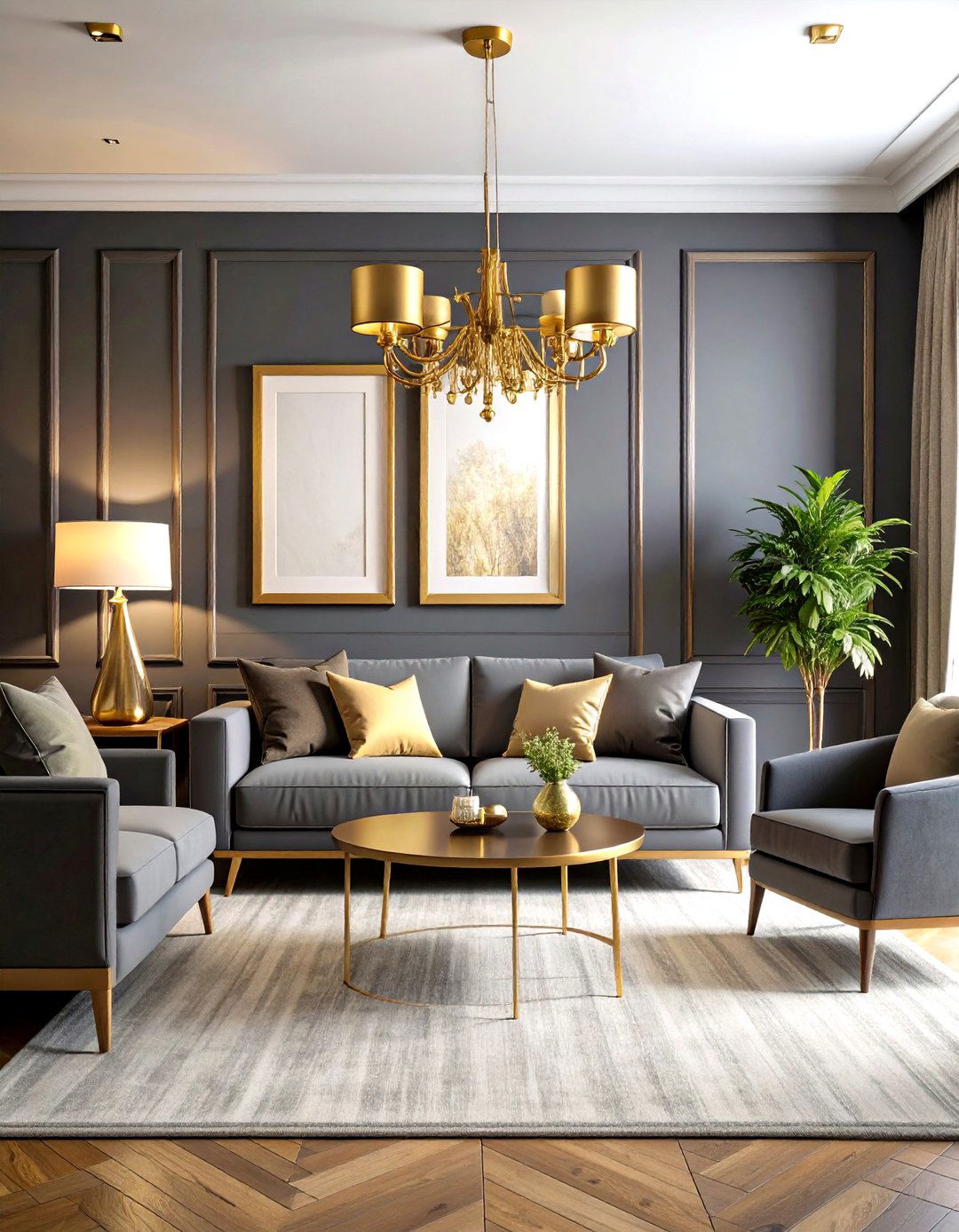 Dark Grey Living Room With Warm Golden Metallic Accents - 20 Contrasting Living Rooms With Dark Grey Walls