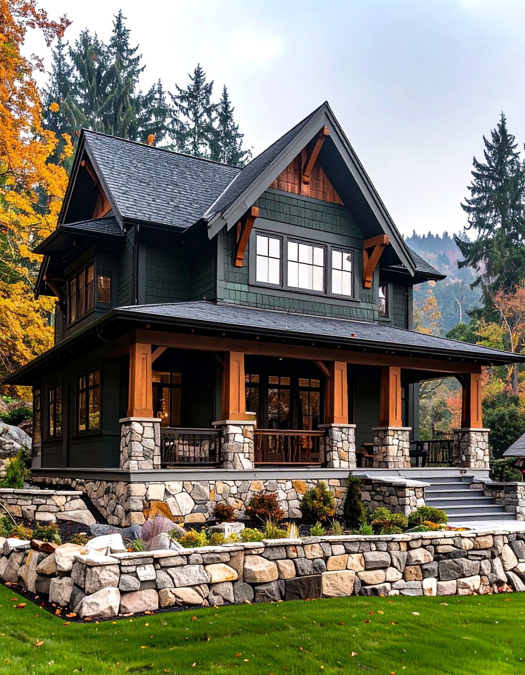 Dark Olive Green House Featuring Natural Stone Base - 20 Dark Olive Green House Designs