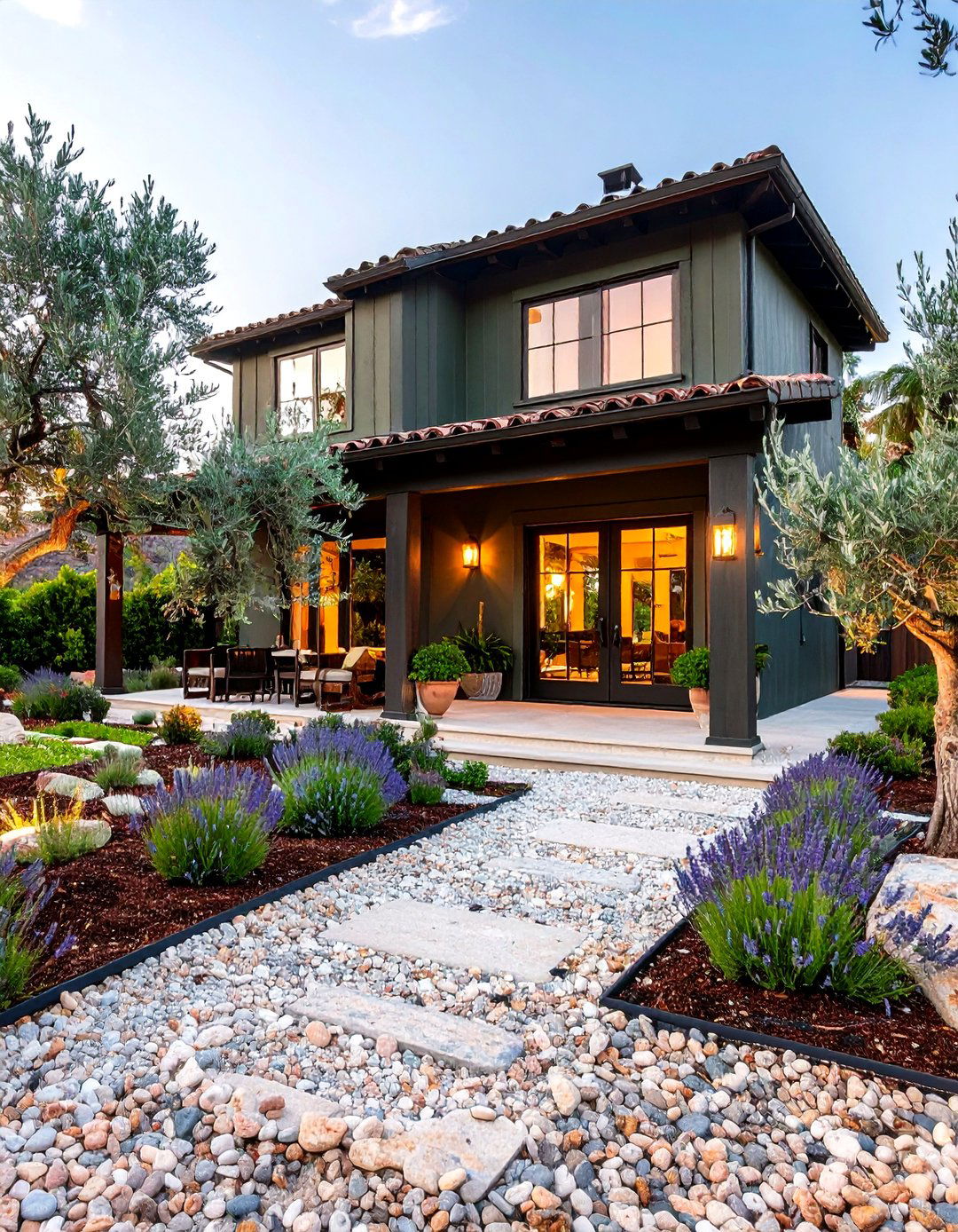 Dark Olive Green House Paired with Drought Tolerant Landscaping - 20 Dark Olive Green House Designs