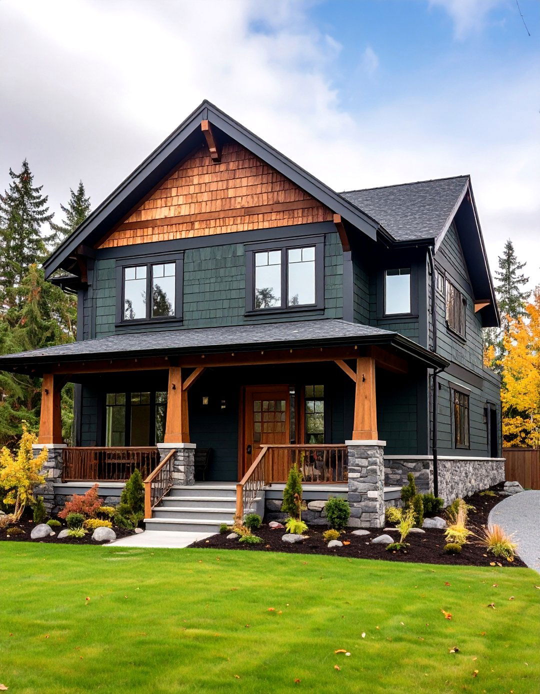 Dark Olive Green House With Mixed Textures of Shake and Lap - 20 Dark Olive Green House Designs
