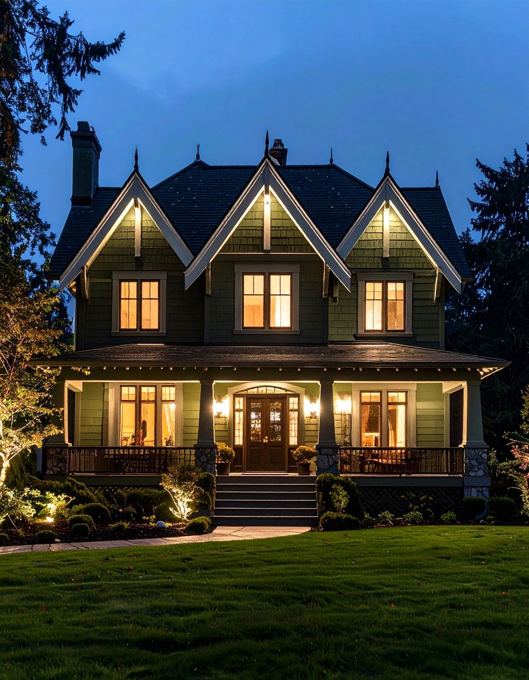 Dark Olive Green House with Dramatic Gables and Uplighting - 20 Dark Olive Green House Designs