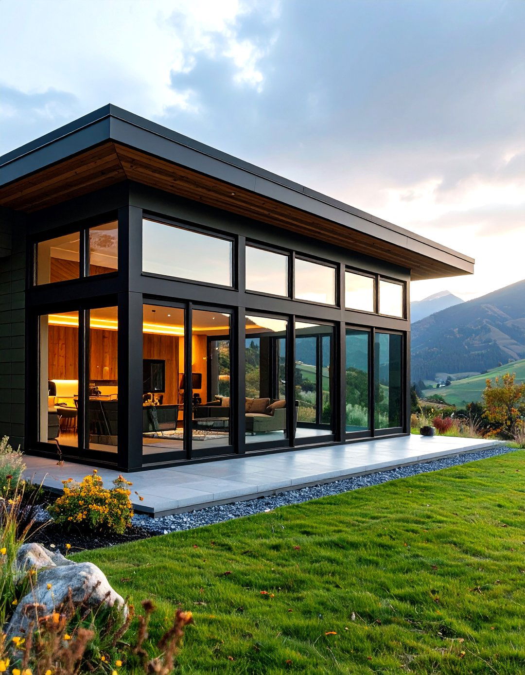 Dark Olive Green House with Large Black Framed Windows - 20 Dark Olive Green House Designs