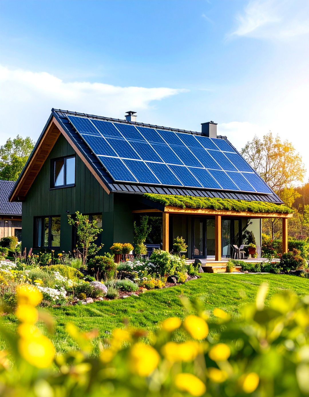 Dark Olive Green House with Solar Panels and Green Roof - 20 Dark Olive Green House Designs