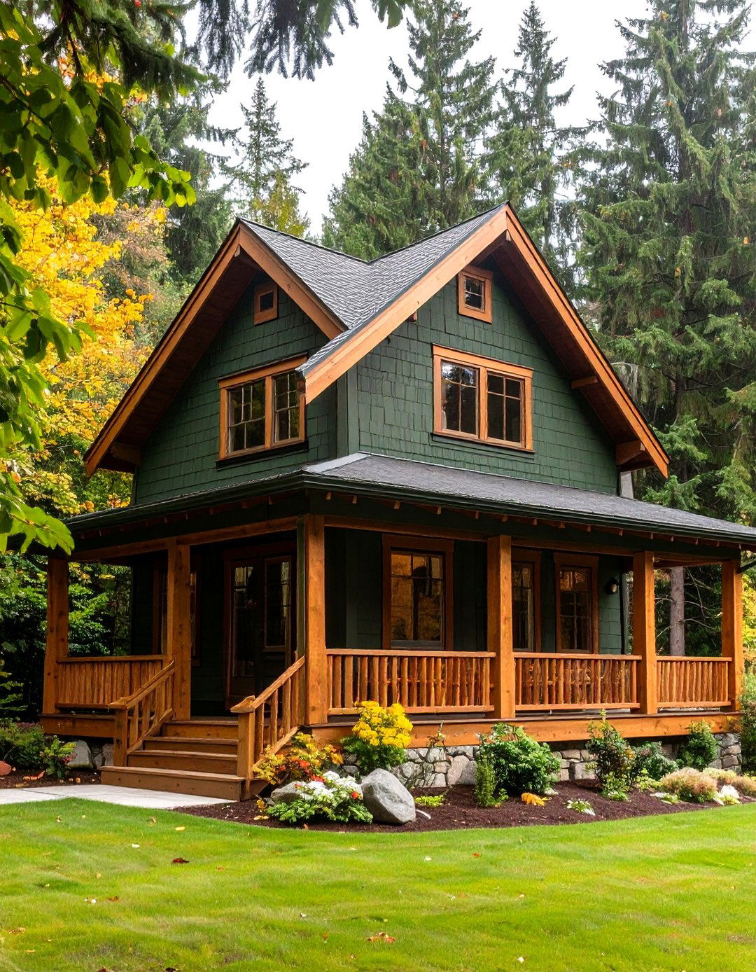 Dark Olive Green House with Warm Wood Cladding - 20 Dark Olive Green House Designs