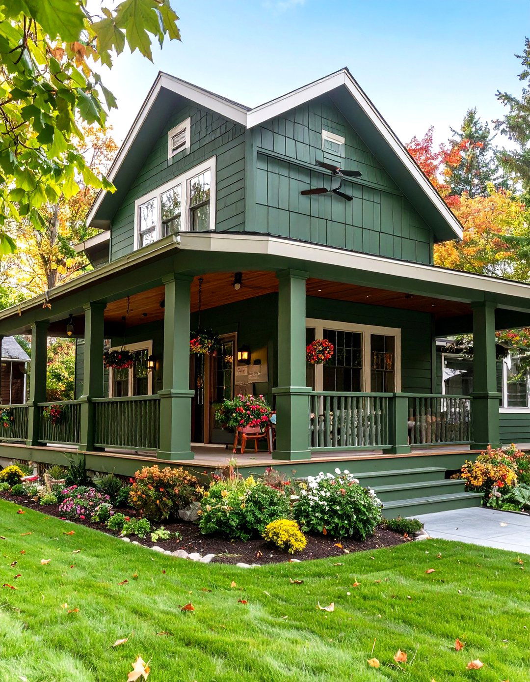 Dark Olive Green House with Wraparound Porch Charm - 20 Dark Olive Green House Designs