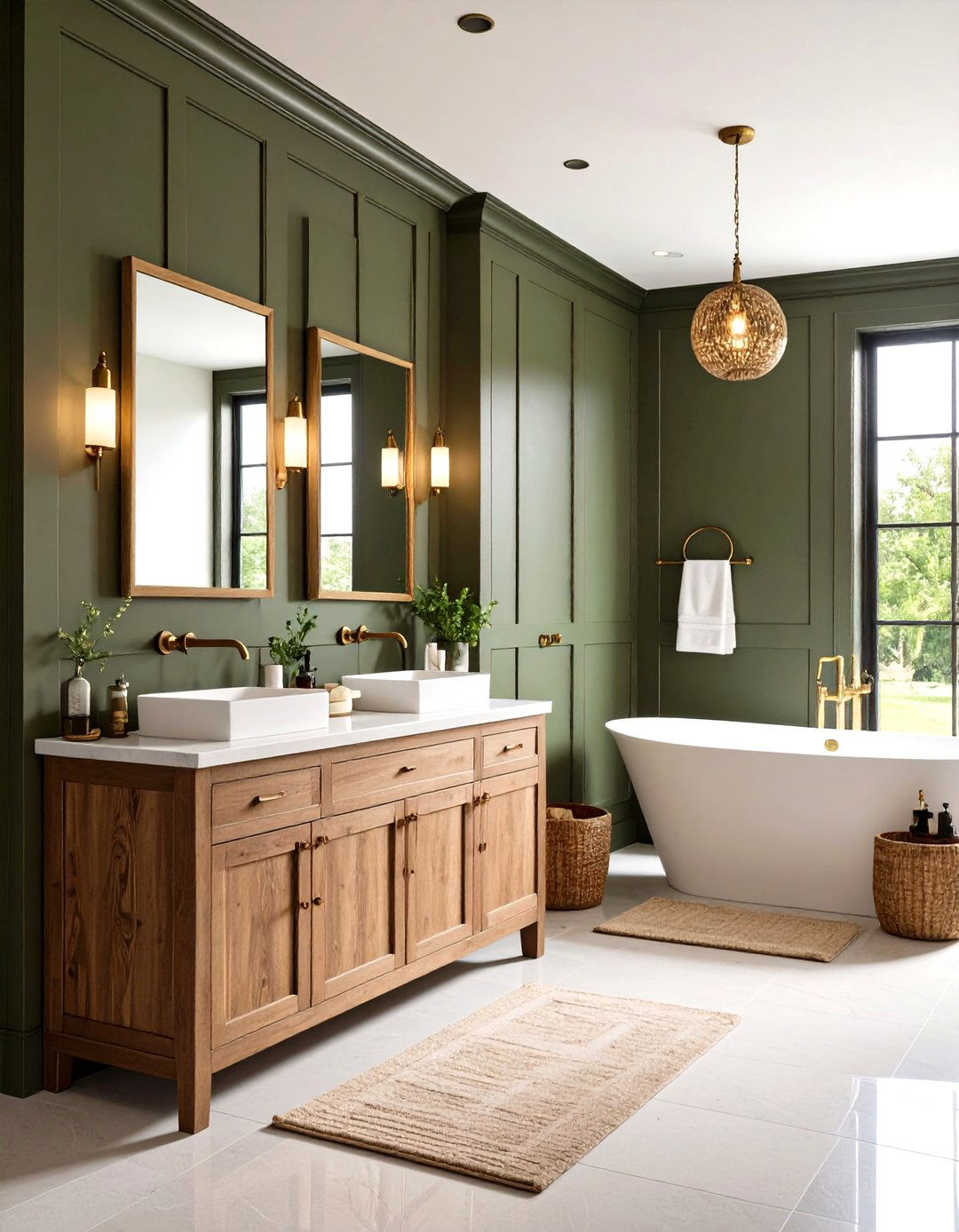 Dark Olive Paneling Bathroom with Antique Brass - 20 Green and Gold Bathroom Ideas