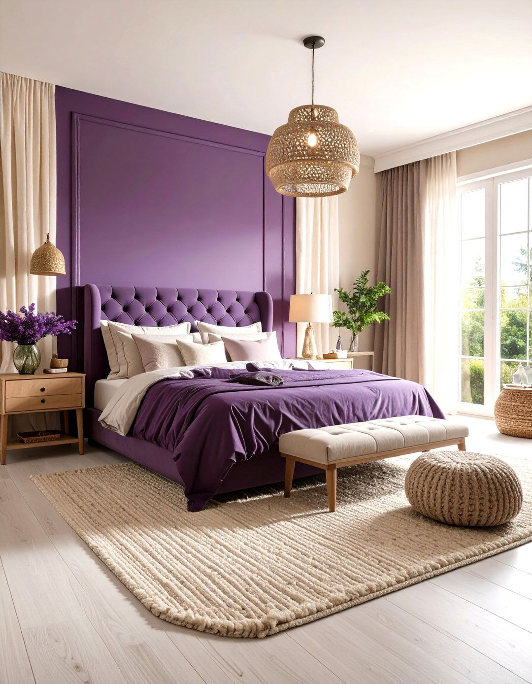 Dark Purple Feature Wall with Soft Neutrals - 20 Dark Purple Bedroom Ideas