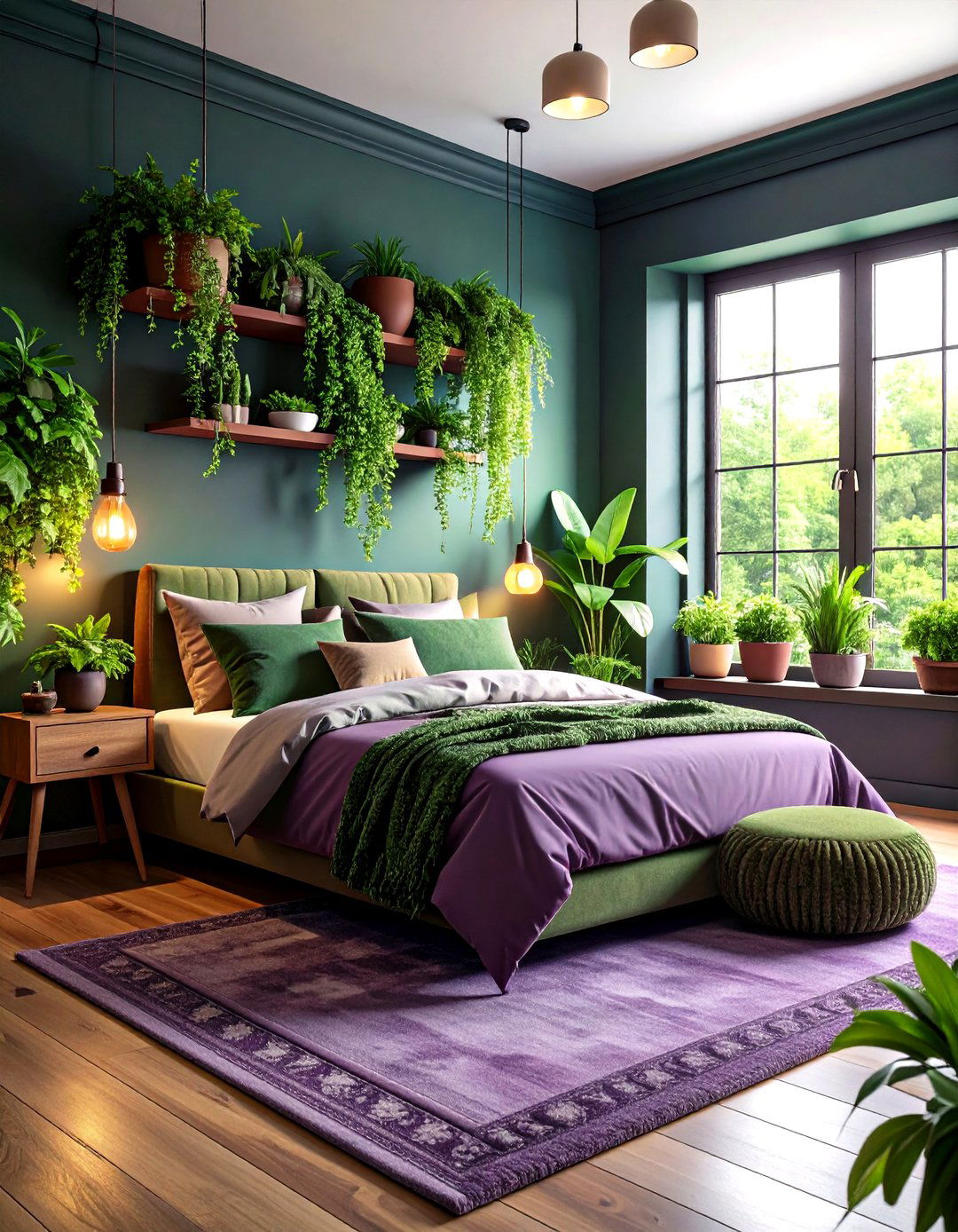 Dark Purple with Botanical Green Accents - 20 Dark Purple Bedroom Ideas