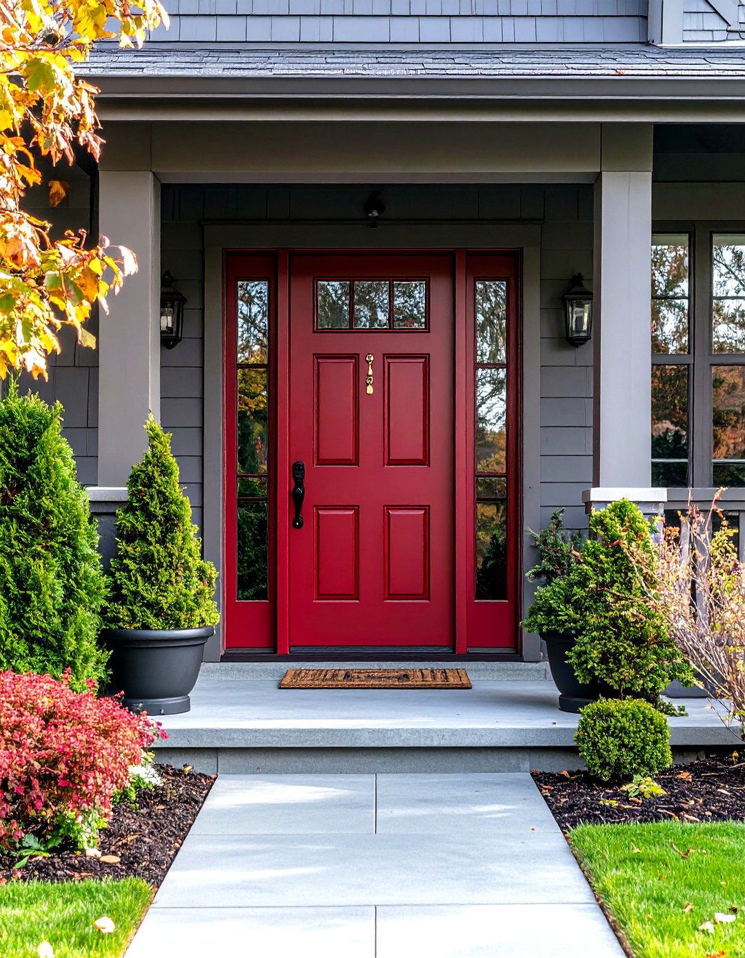 Dark Red Front Door with Matching Sidelights - 20 Dark Red Front Door Ideas