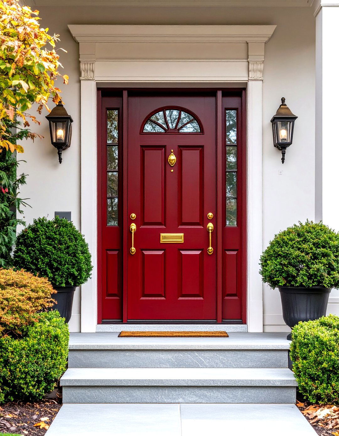 Dark Red Front Door with Warm Bronze Hardware - 20 Dark Red Front Door Ideas