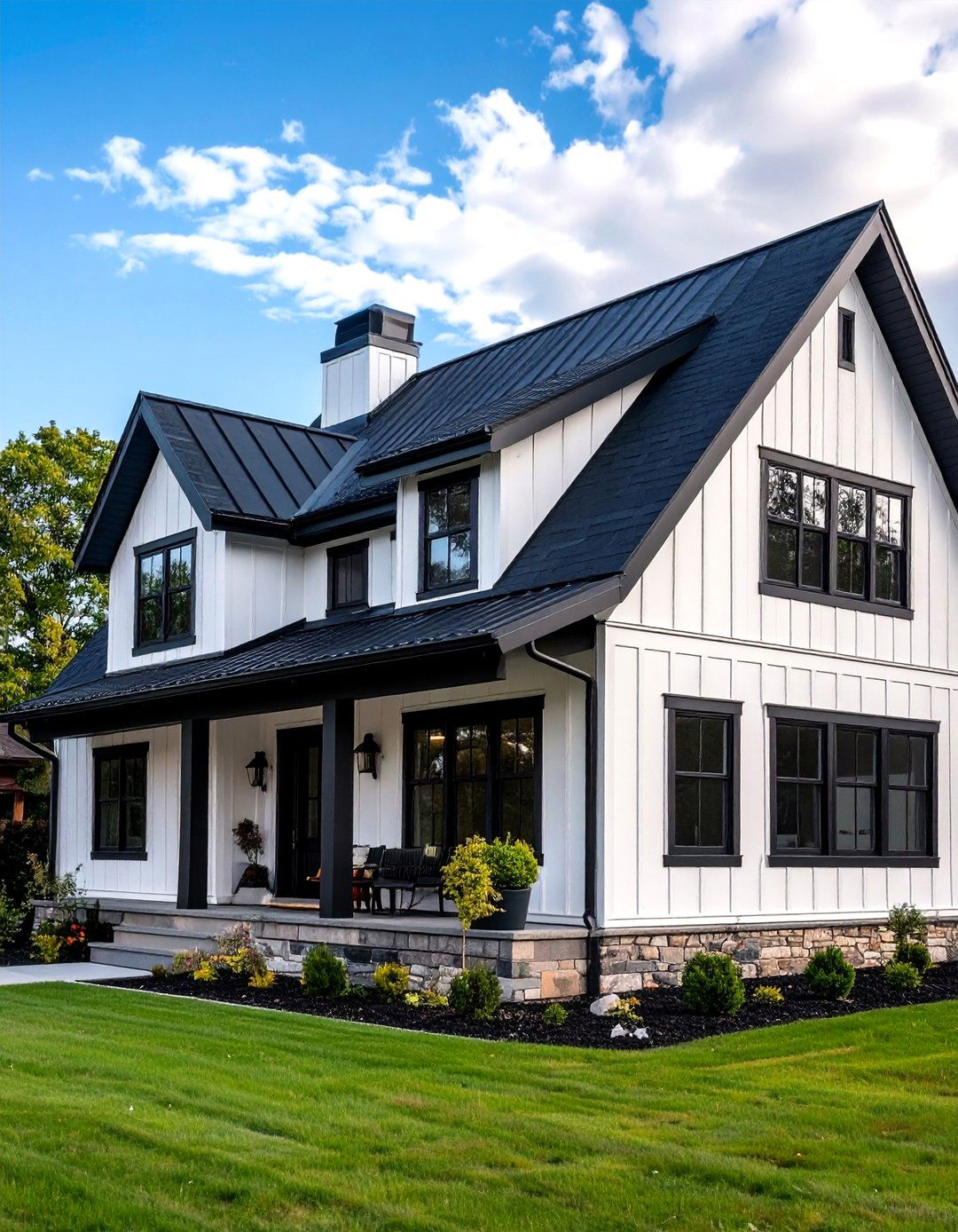 Dark Roof Contrast White Farmhouse With Black Windows Design - 20 White Farmhouse With Black Windows Ideas