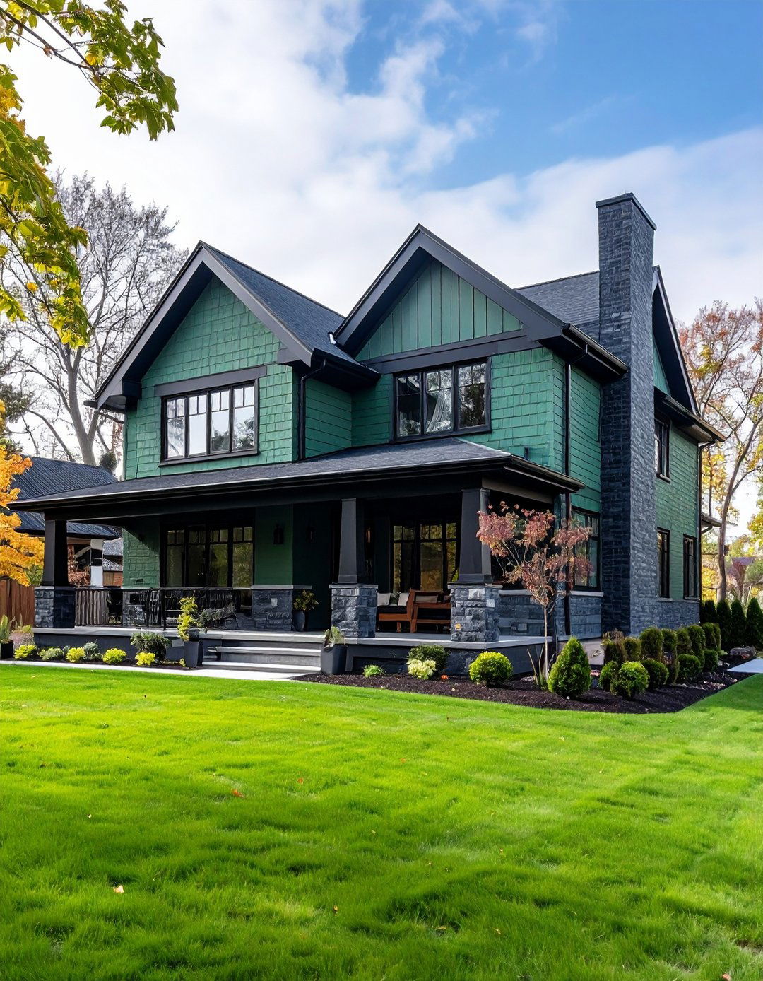 Dark Trim Contrast - 20 Sage Green Painted Brick House Ideas