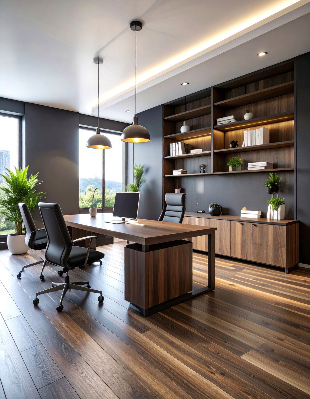 Dark Walnut Floor Anchors a Minimalist Home Office - 20 Dark Walnut Floors for Rooms