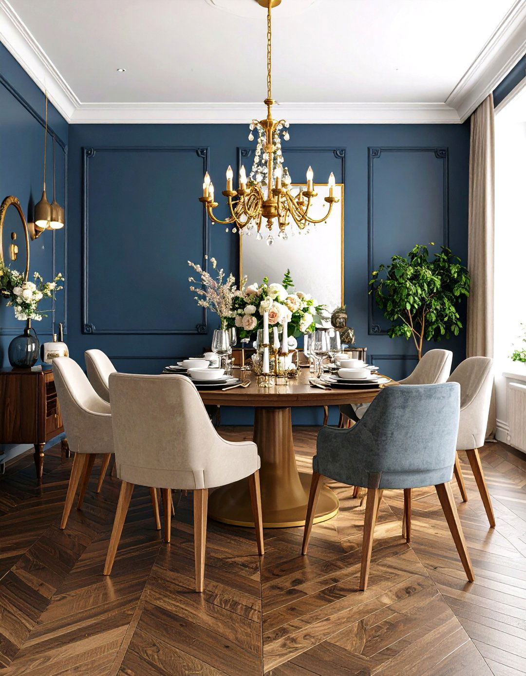 Dark Wood Floor Dining Room with Bold Blue Wall Colors - 20 dark wood floor dining room ideas