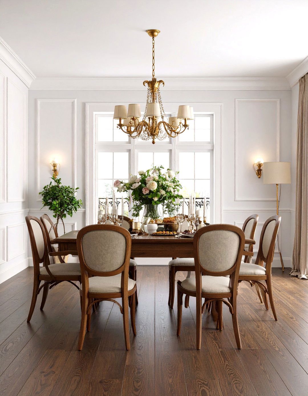 Dark Wood Floor Dining Room with Classic Wainscoting Details - 20 dark wood floor dining room ideas