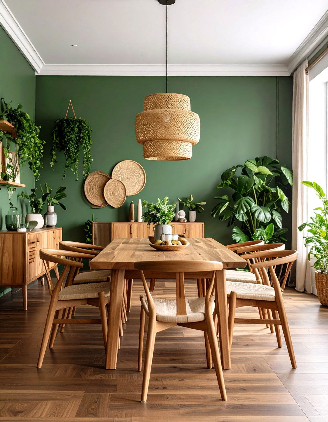 Dark Wood Floor Dining Room with Fresh Green Wall Tones - 20 dark wood floor dining room ideas