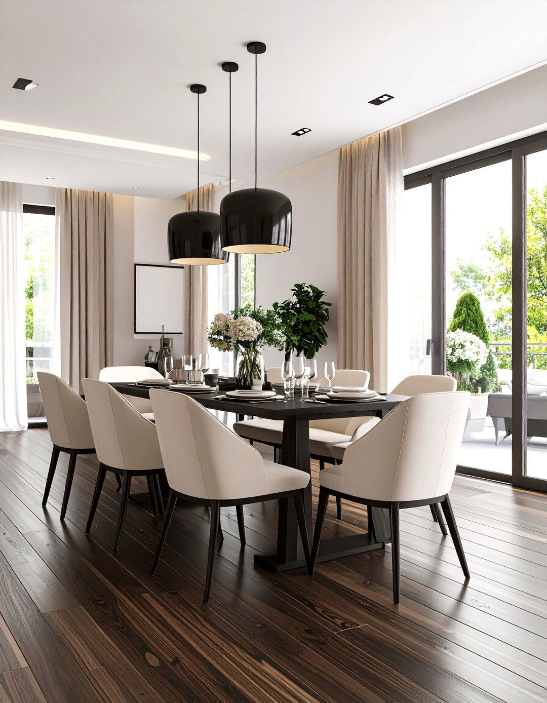 Dark Wood Floor Dining Room with High Contrast Furniture Choices - 20 dark wood floor dining room ideas