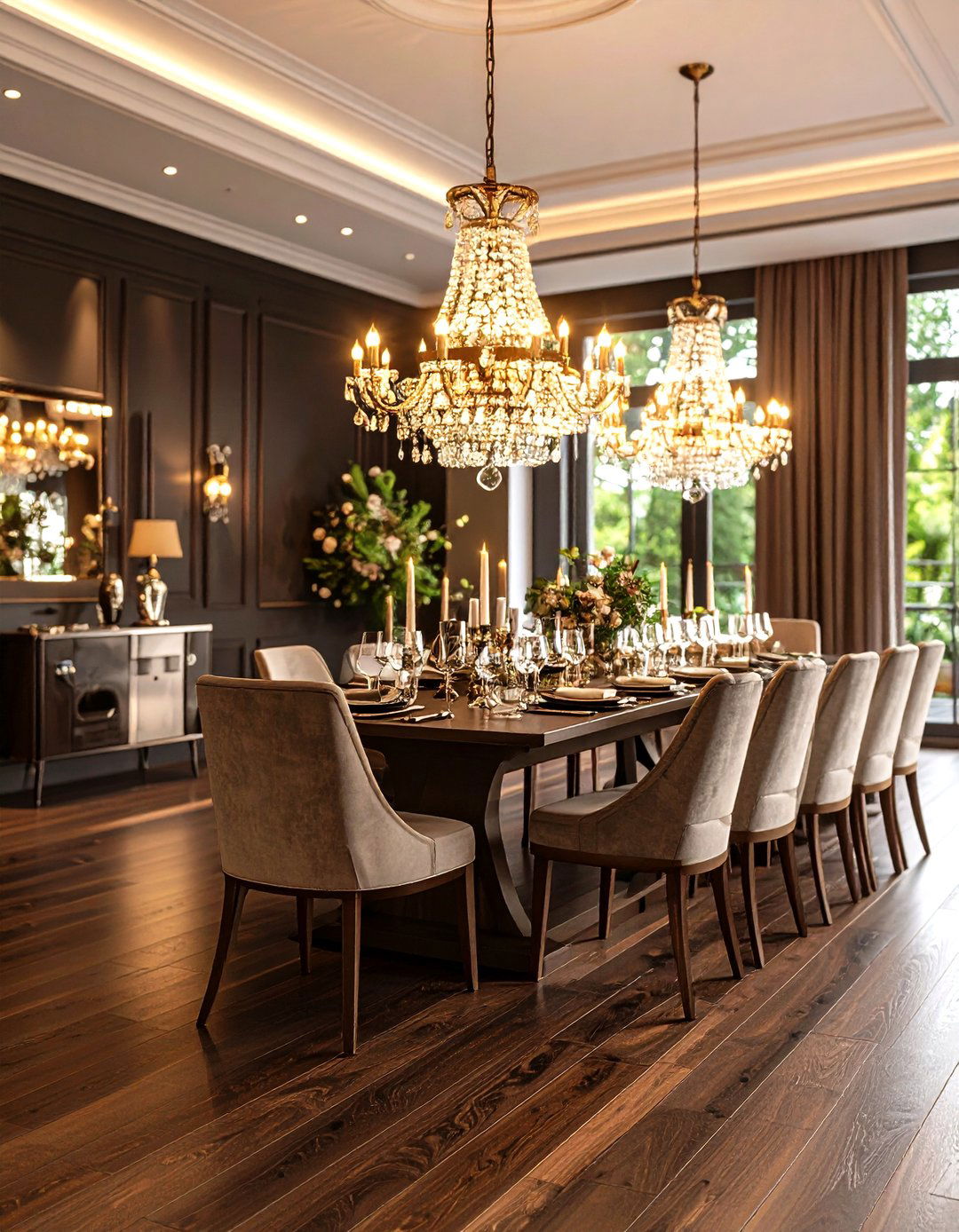 Dark Wood Floor Dining Room with Statement Chandelier Lighting - 20 dark wood floor dining room ideas