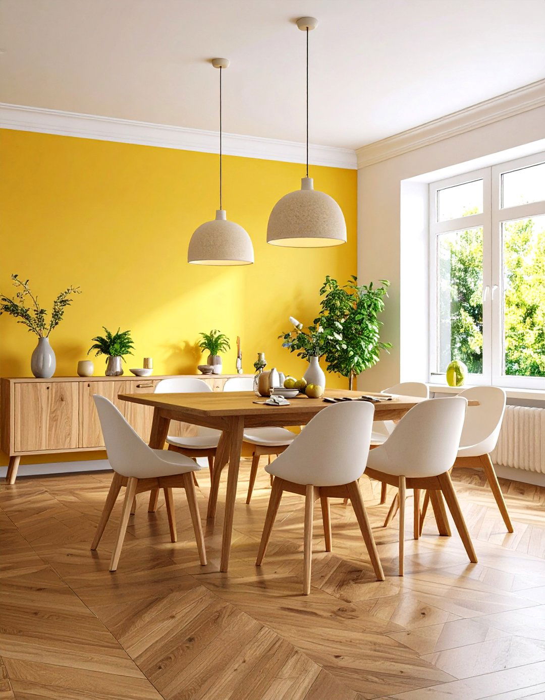 Dark Wood Floor Dining Room with Sunny Yellow Accent Walls - 20 dark wood floor dining room ideas