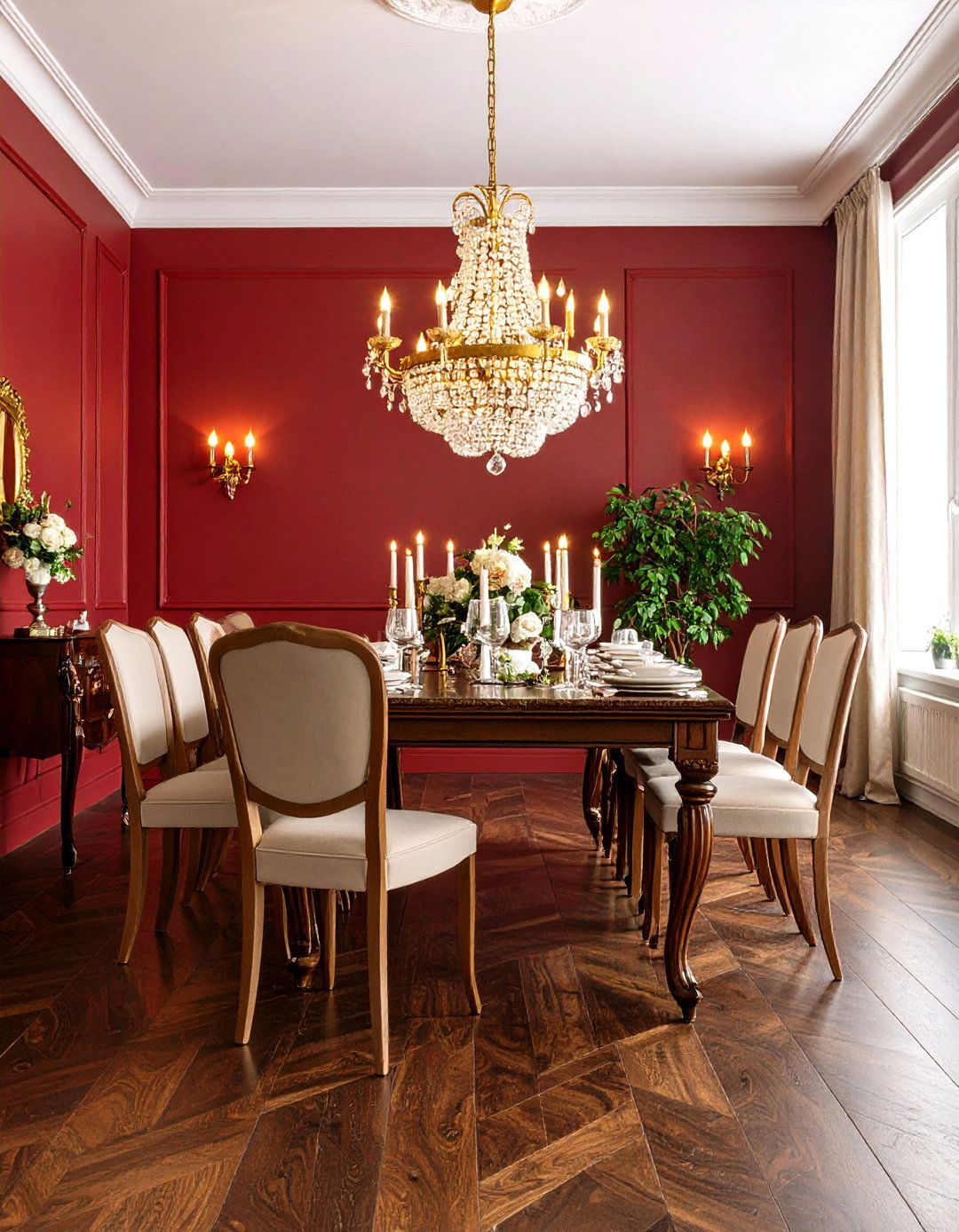 Dark Wood Floor Dining Room with Warm Red Wall Colors - 20 dark wood floor dining room ideas