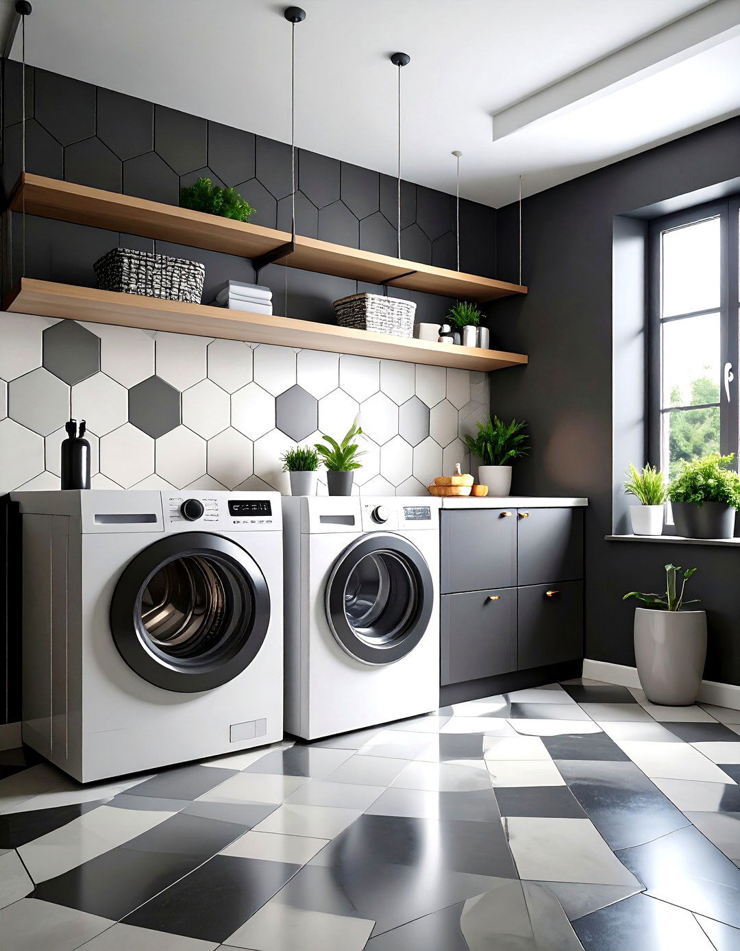 Dark and Moody Laundry Room with Black and White Geometric Tiles - 20 dark & moody laundry room ideas