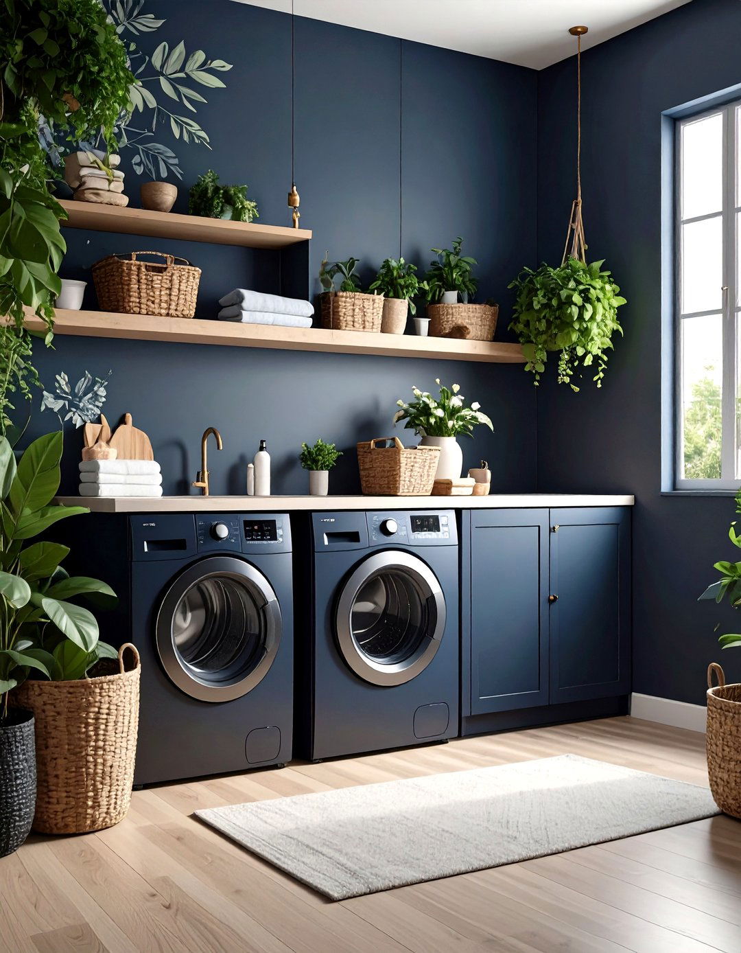Dark and Moody Laundry Room with Botanical Wallpaper Accent Wall - 20 dark & moody laundry room ideas