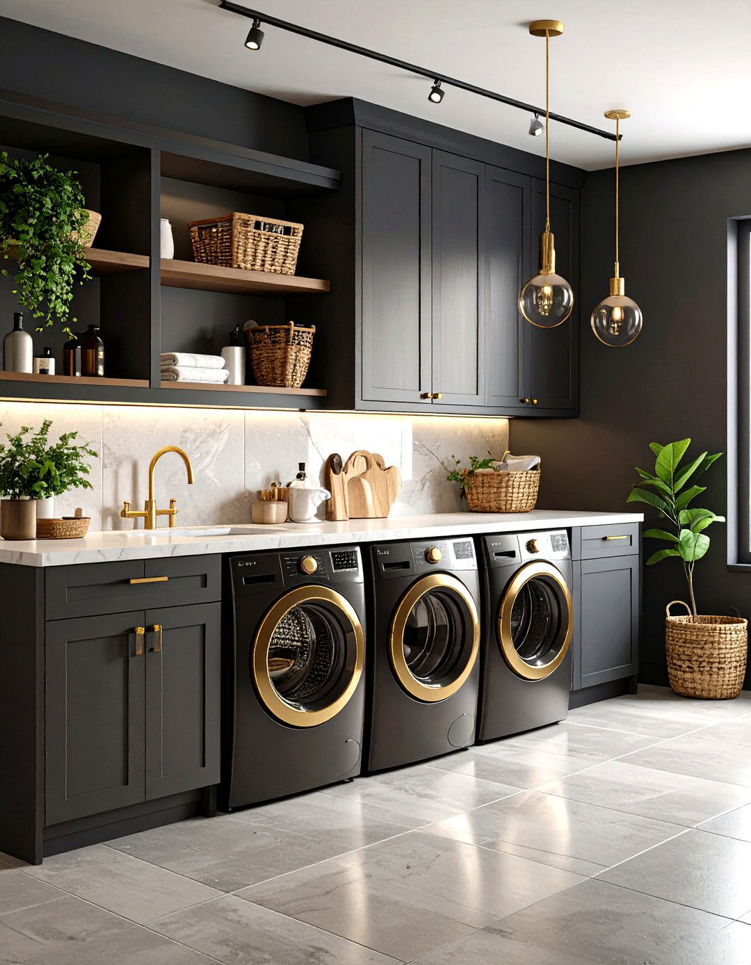 Dark and Moody Laundry Room with Brass Hardware Accents - 20 dark & moody laundry room ideas