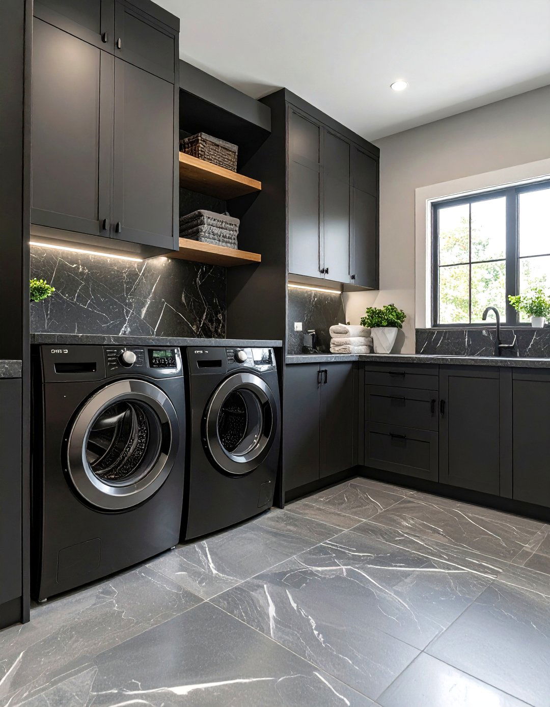 Dark and Moody Laundry Room with Dark Stone Countertops - 20 dark & moody laundry room ideas