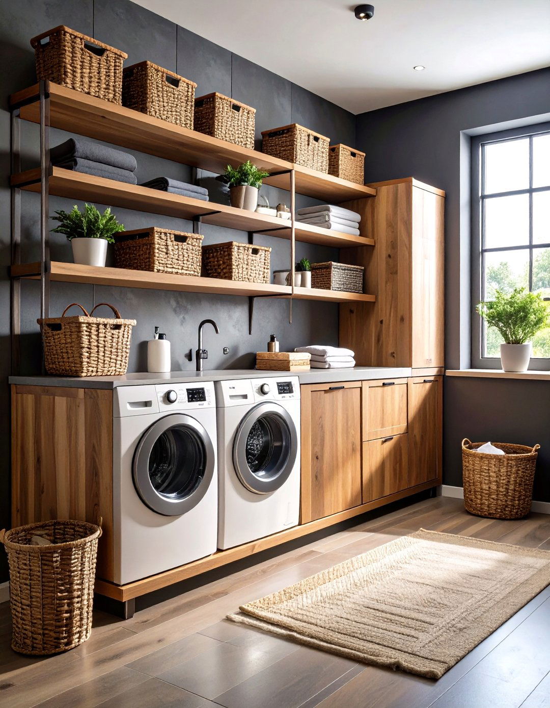 Dark and Moody Laundry Room with Floating Wood Shelves - 20 dark & moody laundry room ideas