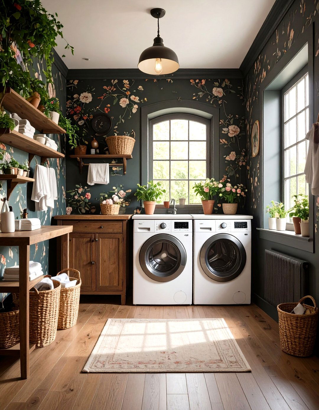 Dark and Moody Laundry Room with Gothic Floral Wallpaper - 20 dark & moody laundry room ideas