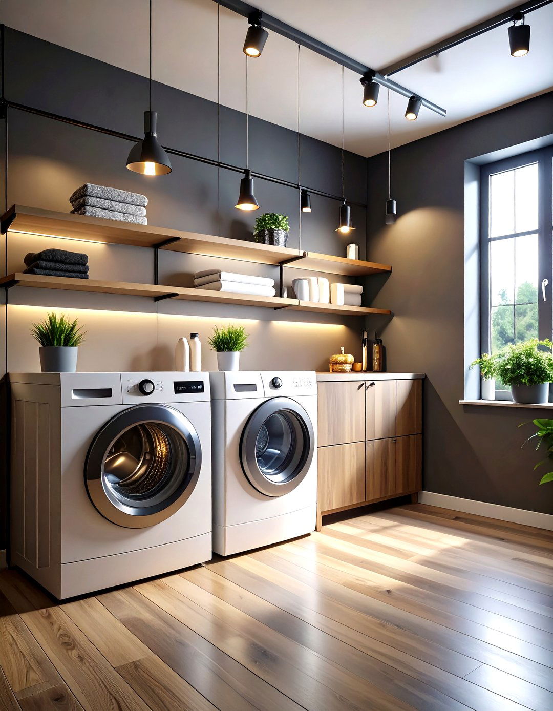 Dark and Moody Laundry Room with Industrial Track Lighting - 20 dark & moody laundry room ideas