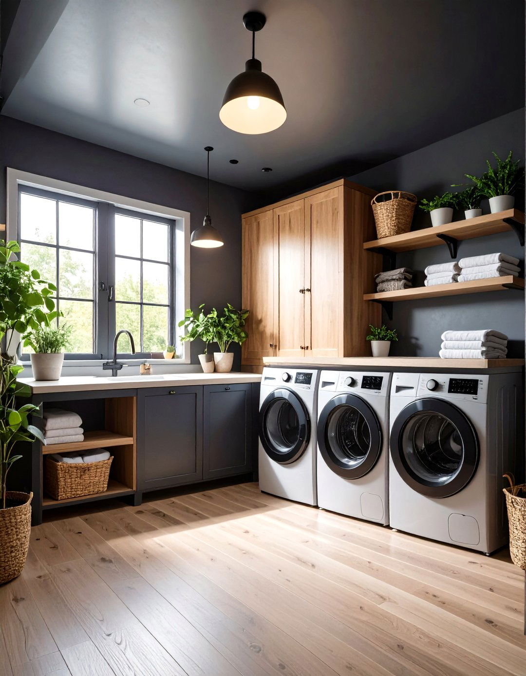 Dark and Moody Laundry Room with Painted Dark Ceiling - 20 dark & moody laundry room ideas