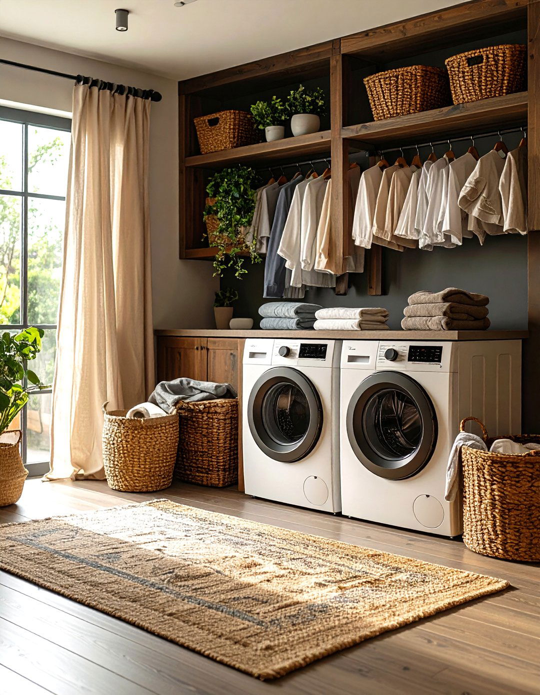 Dark and Moody Laundry Room with Rich Textile Accessories - 20 dark & moody laundry room ideas