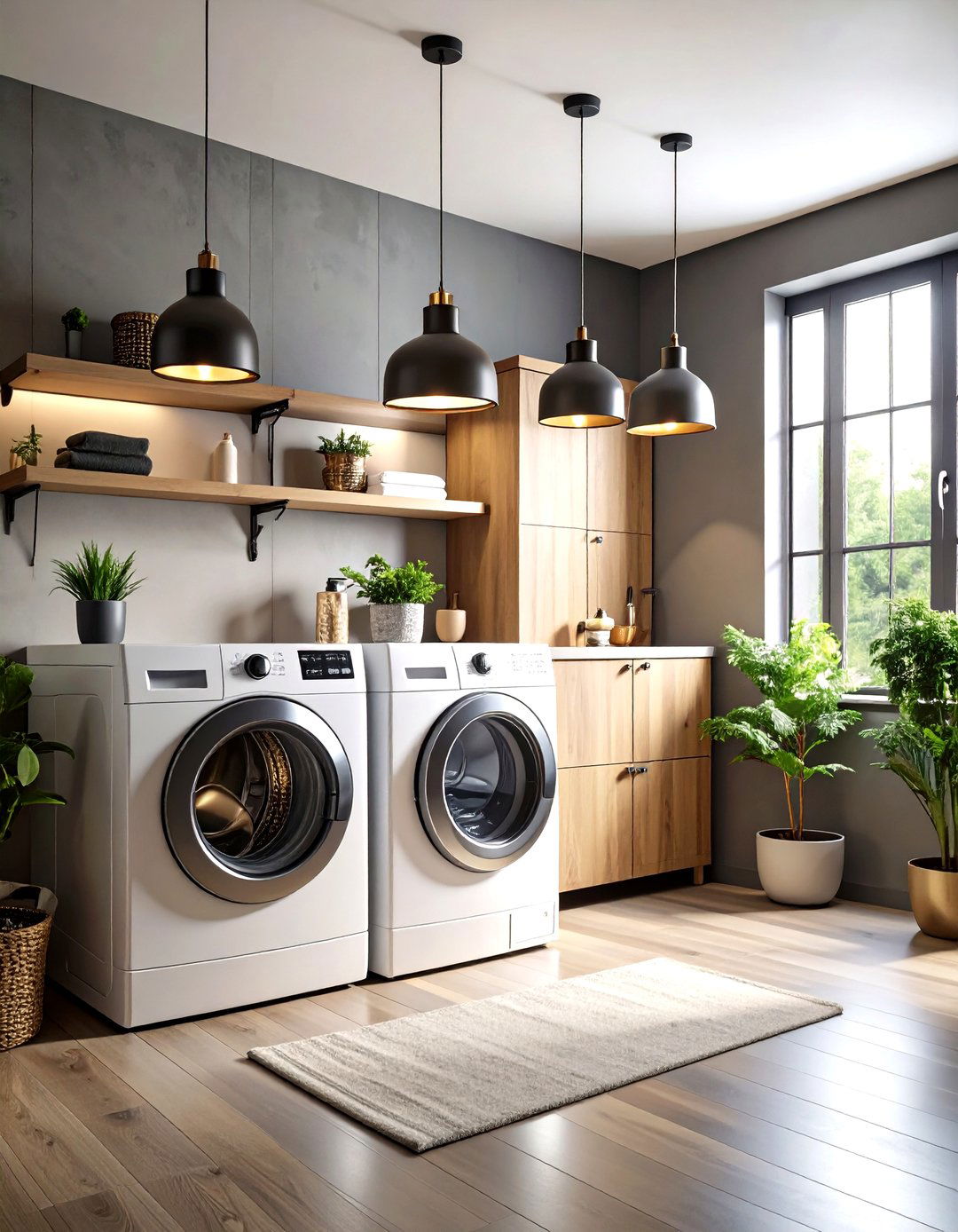 Dark and Moody Laundry Room with Statement Pendant Lighting - 20 dark & moody laundry room ideas