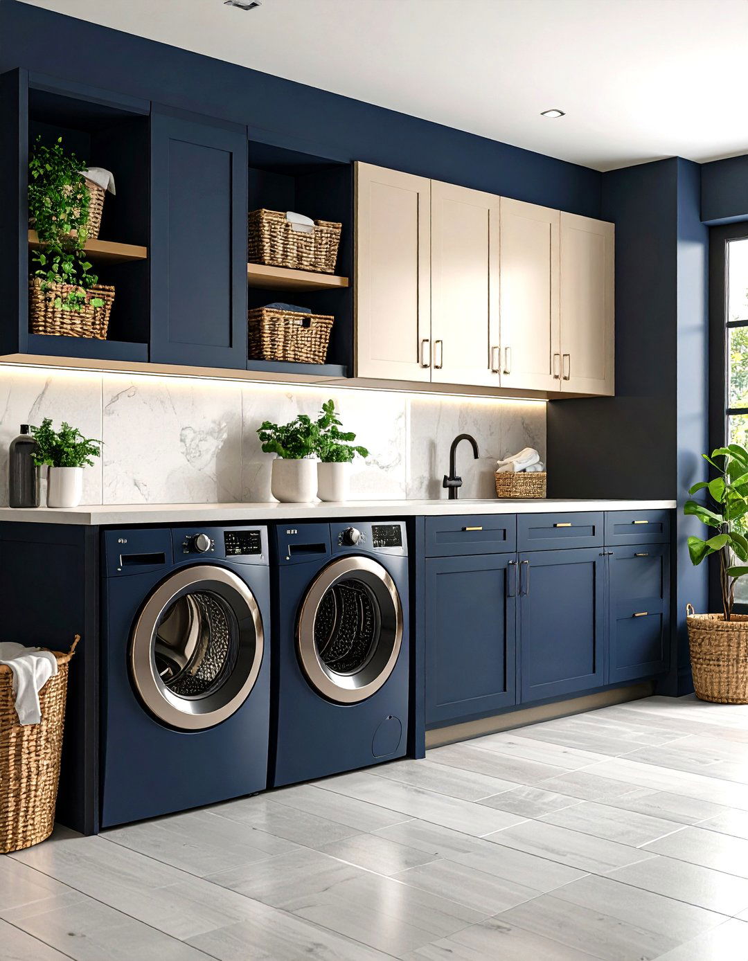 Dark and Moody Laundry Room with Two Tone Cabinet Design - 20 dark & moody laundry room ideas