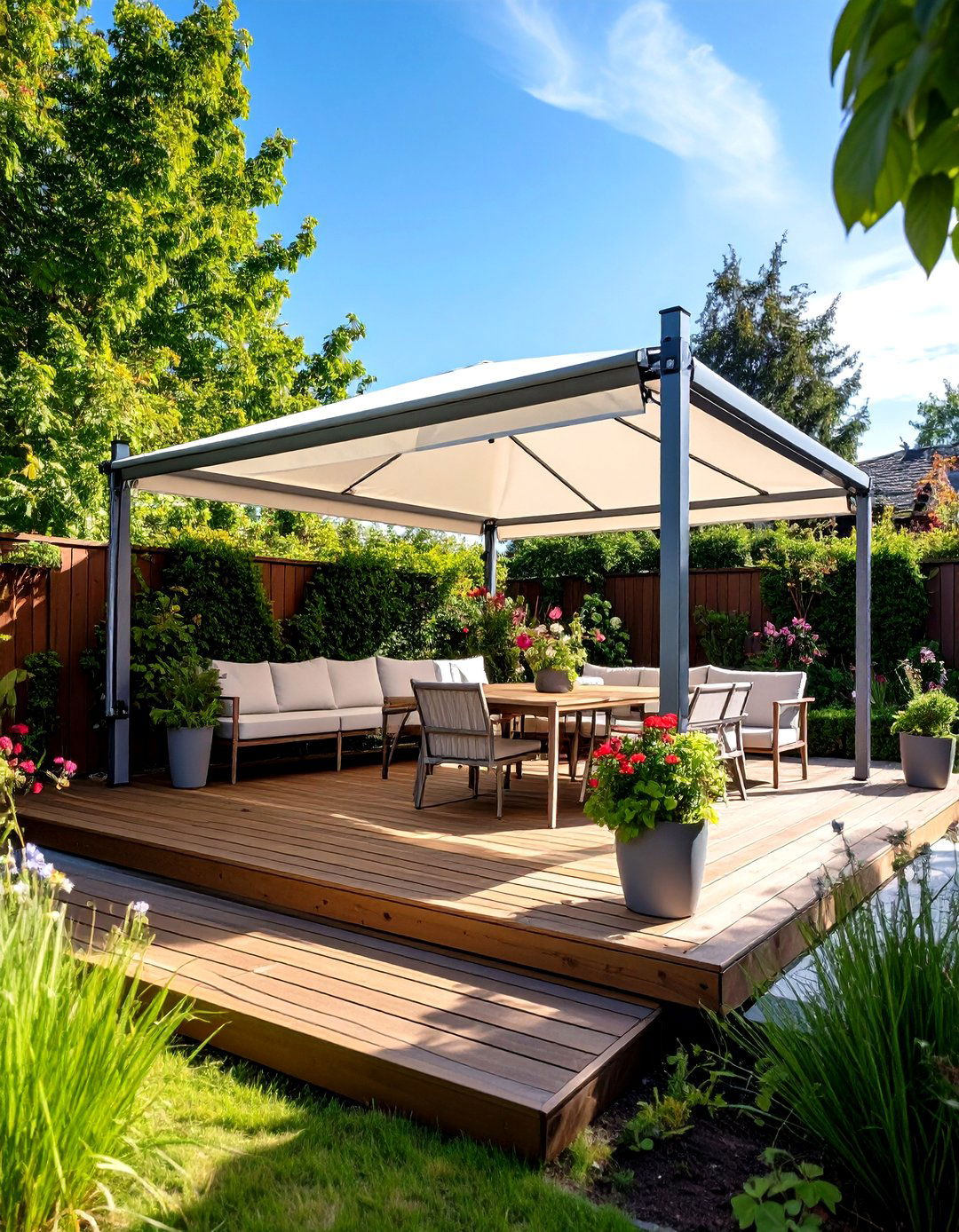 Deck with Retractable Fabric Canopy - 20 Ground Level Deck Ideas